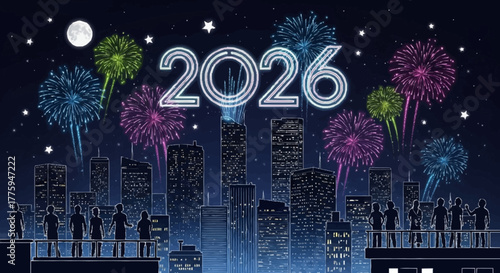 2026 New Year's Eve fireworks celebration over a city skyline with silhouetted people watching
