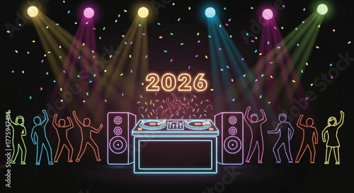 Dynamic neon celebration of the New Year 2026, featuring enthusiastic dancers, a lively DJ setup, sparkling confetti, and brilliant spotlights under a dark, festive sky