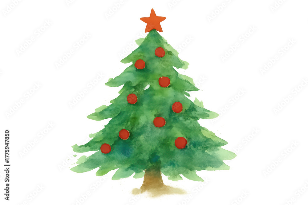 Fototapeta premium Watercolor christmas tree with red baubles and star on transparent background, symbolizing festive holiday season
