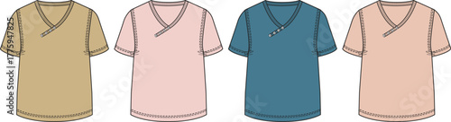 Collection of four simple, comfortable short-sleeved V-neck tunics in various pastel colors, ideal for medical uniforms or casual loungewear, showcasing practical garment design