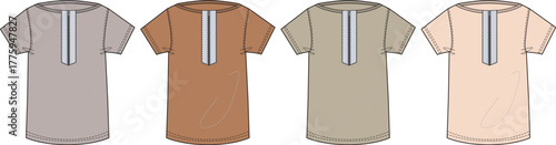 A vector illustration set of traditional men's thobe or tunic shirts in various earthy and neutral color palettes, isolated on a white background for design