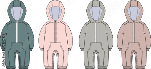 Four cute hooded baby onesies in a row, displayed in different pastel colors teal, pink, beige, and grey, showcasing practical garment design
