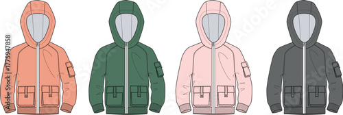 Technical fashion flat drawing concept of an anorak hooded jacket with multiple pockets and a front zipper, presented in a versatile color palette for apparel design and production development