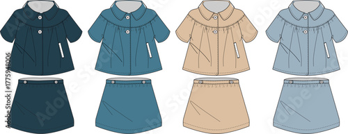 Collection of fashionable children's outerwear and skirts in various colors and styles