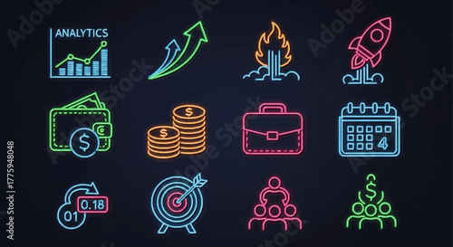 Vibrant neon glow business and finance icon set illuminating digital marketing concepts and strategic growth for modern enterprises