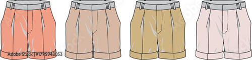 Fashion illustration of four pairs of pleated shorts in different pastel colors