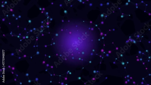 Abstract dark background with glowing colorful dots connected by faint lines, forming a complex network or cosmic pattern with a central purple light.