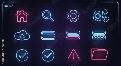 Vibrant neon glowing user interface icons set for modern digital design, featuring essential web and application elements like navigation, data, and system controls