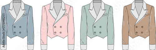 Elegant collection of men's formalwear tailcoats in four pastel colors. Classic tuxedo jacket illustration set for fashion design
