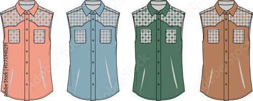 Set of four sleeveless plaid shirts in different colors, fashion illustration