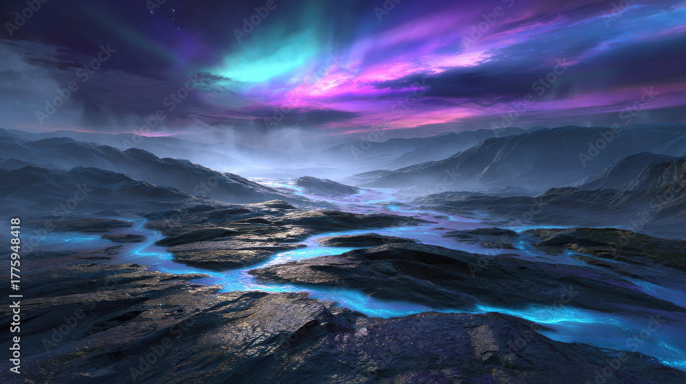 Fototapeta premium Hyper-realistic cinematic concept of a glacial alien landscape with vibrant colors and surreal atmosphere under a starry night sky