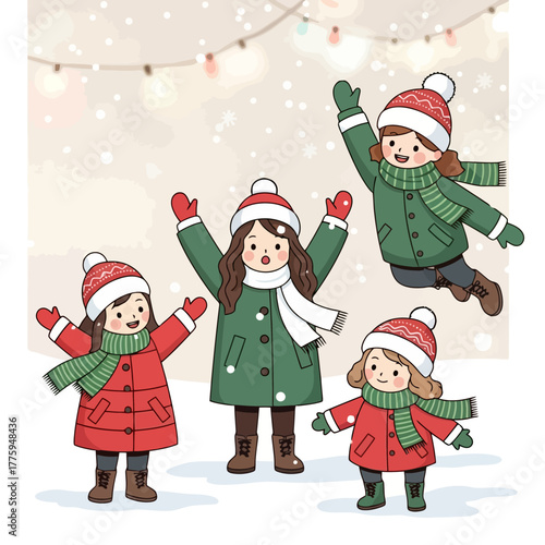 Winter Joy Children Playing Outdoors in Snowy Scene with Holiday Lights, Happy Youngsters Enjoying Festive Season
