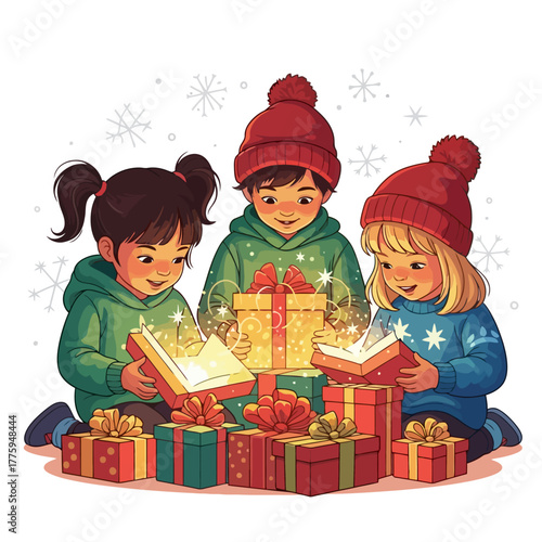Enchanted Christmas Morning Children Unwrap Holiday Gifts Under Gentle Snowfall - A Festive Scene