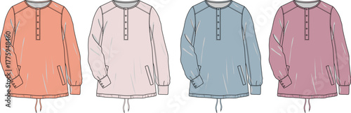 Fashion design technical flat illustration of a casual sportswear pullover with raglan sleeves and a snap placket, presented in a colorful palette for an apparel collection