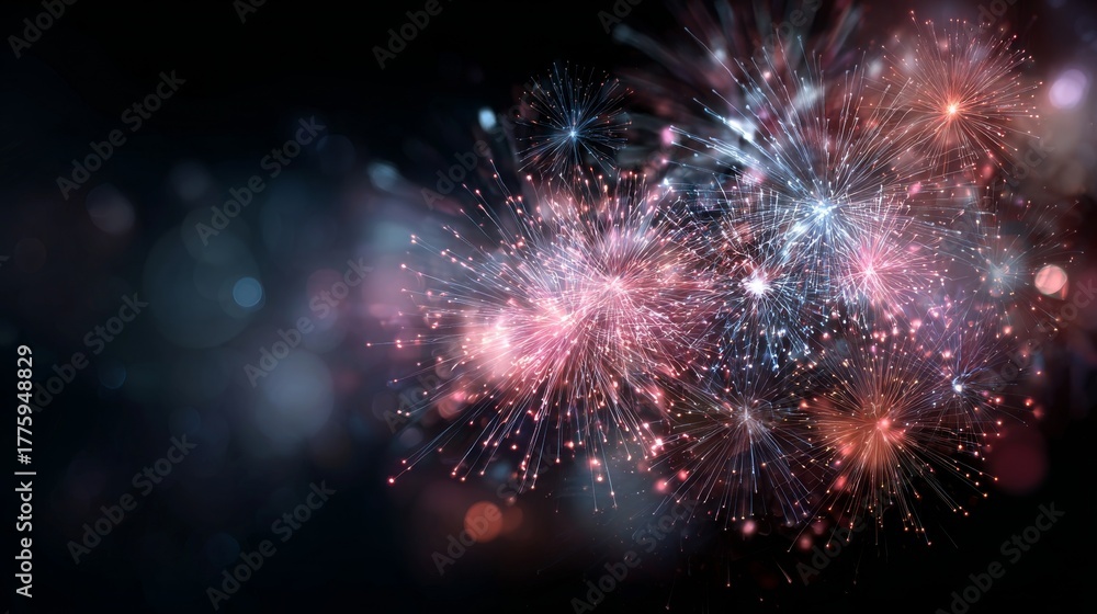 Fototapeta premium Festive holiday fireworks display on new year’s eve with vibrant sparkling lights and glowing bursts in the night sky, creating a joyful and celebratory atmosphere with colorful explosions, glittering