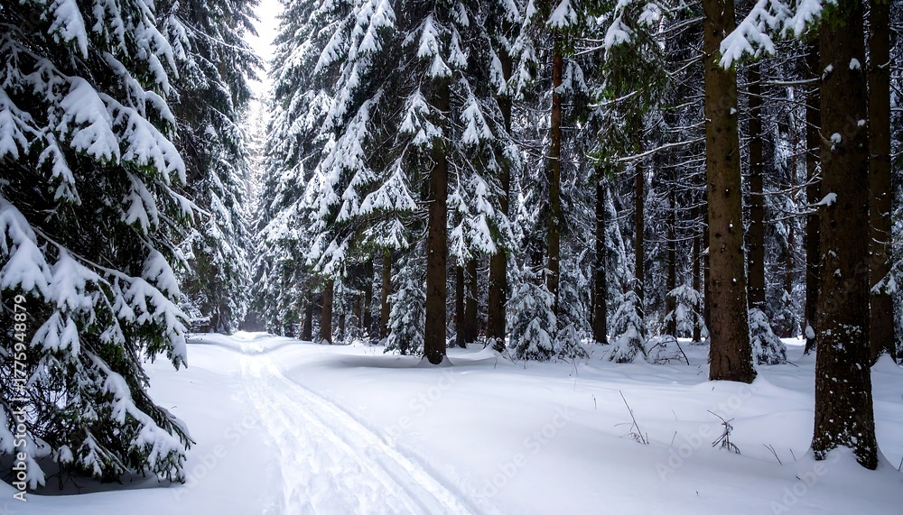 Fototapeta premium Snowy forest path flanked by snow-covered fir trees, winter wonderland