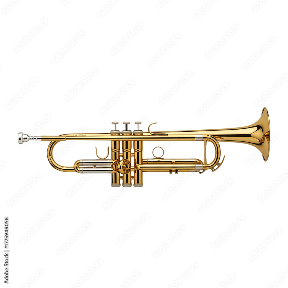 Obraz premium Trumpet, Shiny Golden with Silver Valves and Engraved Markings, cutout, PNG isolated on white or transparent background
