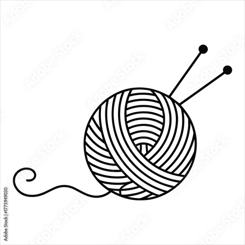 Black and white graphic illustration of a ball of yarn with two knitting needles and a trailing strand of yarn