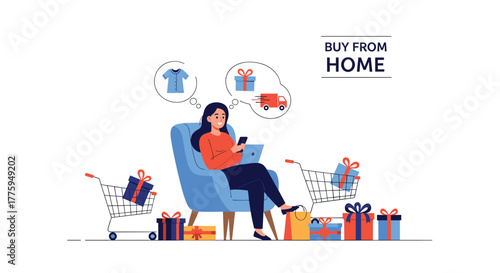 A smiling woman comfortably shops online from her home on a laptop and phone, surrounded by shopping carts and gifts, illustrating convenient e-commerce.