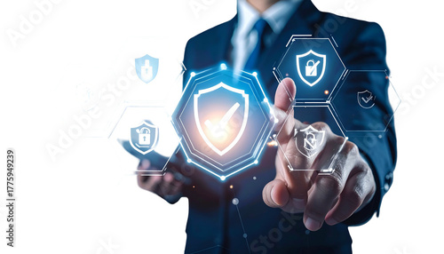 Businessman interacts with digital security icons, symbolizing data protection