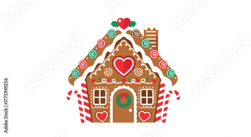 A beautifully decorated gingerbread house, featuring candy, icing, and charming holiday elements, perfect for celebrating the festive season.