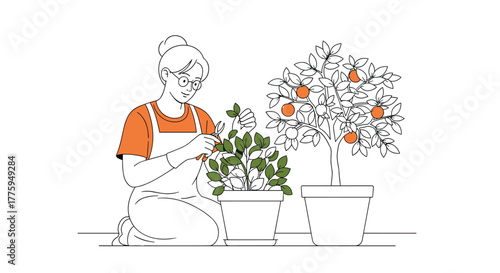A woman is gardening, meticulously pruning a small plant in a pot while an orange tree with ripe fruits stands nearby.