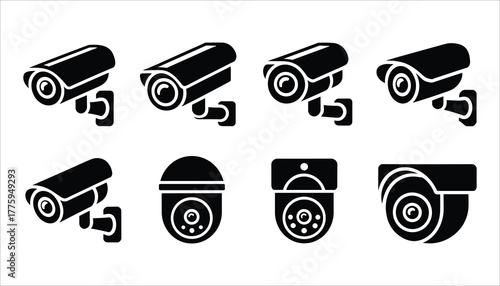 Collection of black security camera icons on white background various surveillance camera designs cctv camera