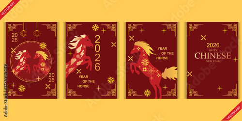 Vibrant Chinese New Year 2026 social media post template. Features a dynamic red mythological horse, lanterns, and gold accents. Fully editable vector illustration.