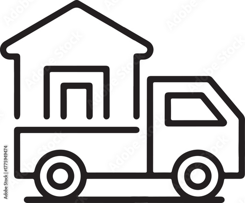 Simple line art icon of a house being transported on a truck
