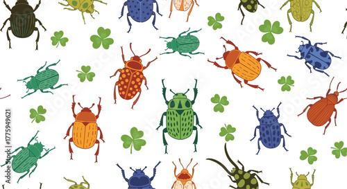A vibrant seamless pattern featuring an assortment of colorful illustrated beetles and lucky three-leaf clovers scattered across a clean white background.