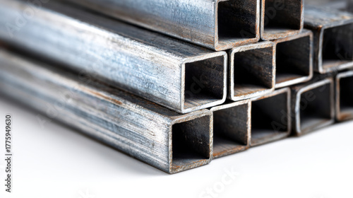 A bunch of square mild steel bars neatly arranged on a white background, the mild steel bars have a smooth surface, close-up. with copy space. 
