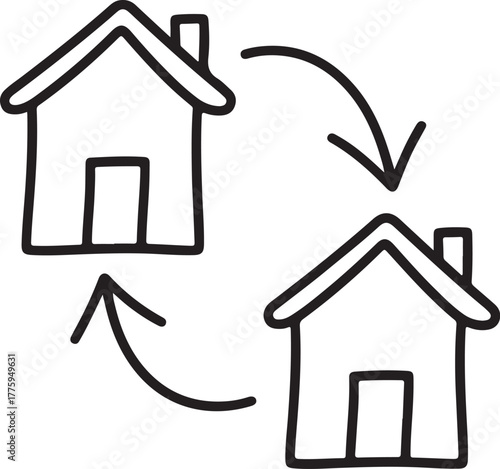 Simple hand drawn houses connected by arrows indicating exchange or transfer