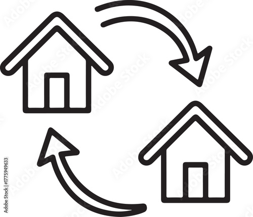 Two houses with circular arrows representing exchange or transfer