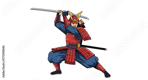 A powerful Japanese samurai warrior in traditional red armor and blue garments, poised with a sharp katana sword overhead, ready for battle.
