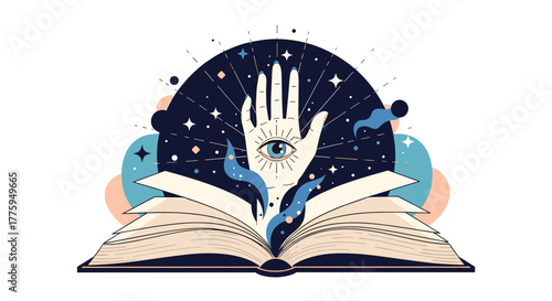 A mystical open book with a cosmic hand and an all-seeing eye emerging from its pages, symbolizing wisdom, intuition, and magical knowledge.