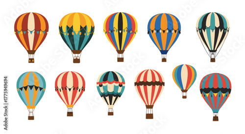 A vibrant collection of colorful hot air balloons featuring diverse patterns and decorative elements, ideal for themes of adventure and travel.