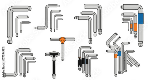 Comprehensive vector icon set featuring various L-shaped hex keys and T-handle wrenches for mechanical, repair, and assembly tasks on a clean white background