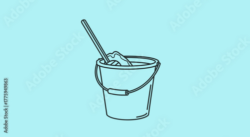 Simple line art vector icon depicting a bucket and mop, essential household cleaning tools for various chores and sanitation tasks, reflecting everyday home maintenance