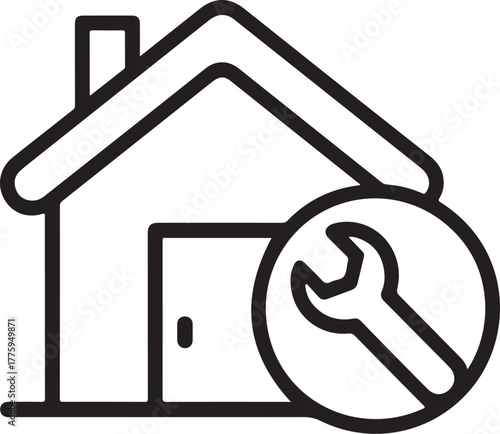 Simple outline icon of a house with a wrench symbolizing home repair services