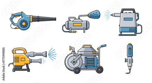 Vector icon set depicting essential industrial and commercial equipment for cleaning, maintenance, and landscaping tasks, presented on a clean background