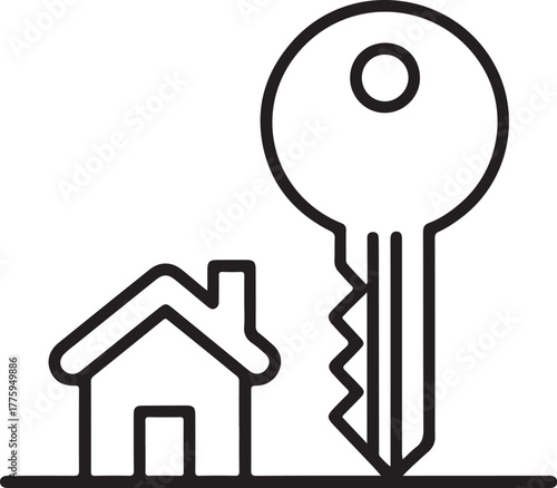 Simple line icon of a house and a large key representing home ownership