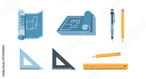 Vector icon set of drafting and construction planning tools blueprints, pencils, and rulers for architecture, engineering, and design projects