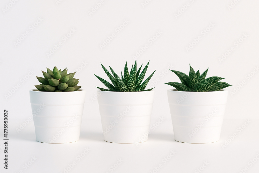 Obraz premium AI generated ultrarealistic trio of green succulent plants in clean white pots on a bright minimal background expressing calm simplicity and fresh natural aesthetic
