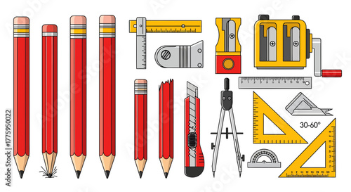 Detailed vector graphic collection of workshop drawing and measurement instruments, showcasing pencils, sharpeners, a utility knife, and essential drafting tools for design and technical work