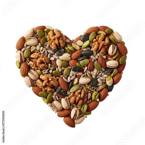 Heart shape healthy mixed nuts seeds food photography symbol
