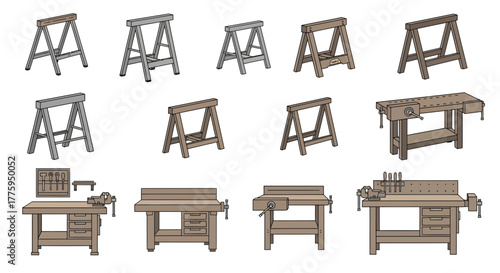 Versatile vector icon set featuring a diverse collection of saw horses and functional workbenches, essential tools for woodworking, carpentry, and construction tasks