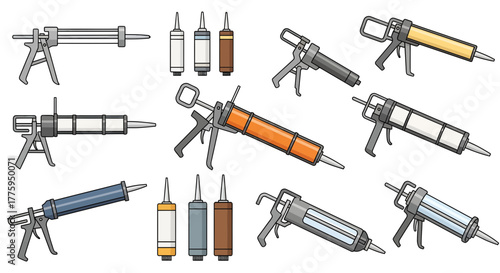 Comprehensive vector icon set showcasing various caulk guns and sealant tubes, essential hand tools for construction, home improvement, and repair projects