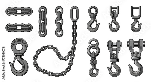 Vector illustration set of industrial chains, strong lifting hooks, and robust shackles, depicting essential components for heavy-duty rigging and towing