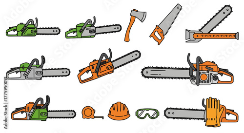 Vector icon set showcasing essential forestry and woodworking tools. Features powerful chainsaws, sharp axes, hand saws, and critical safety equipment for industrial use
