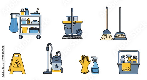 Detailed vector icon set showcasing a comprehensive array of cleaning tools and equipment, including mops, brooms, vacuum, and supplies for hygiene
